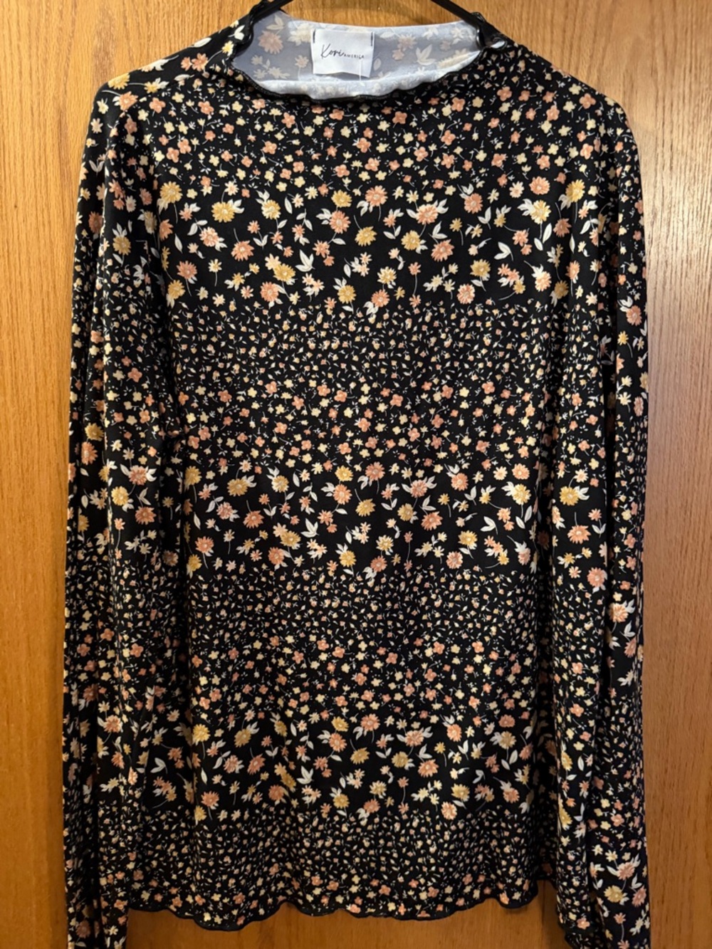Kori America Black Long-Sleeve Floral Smocked Top with Peach and Cream Blooms